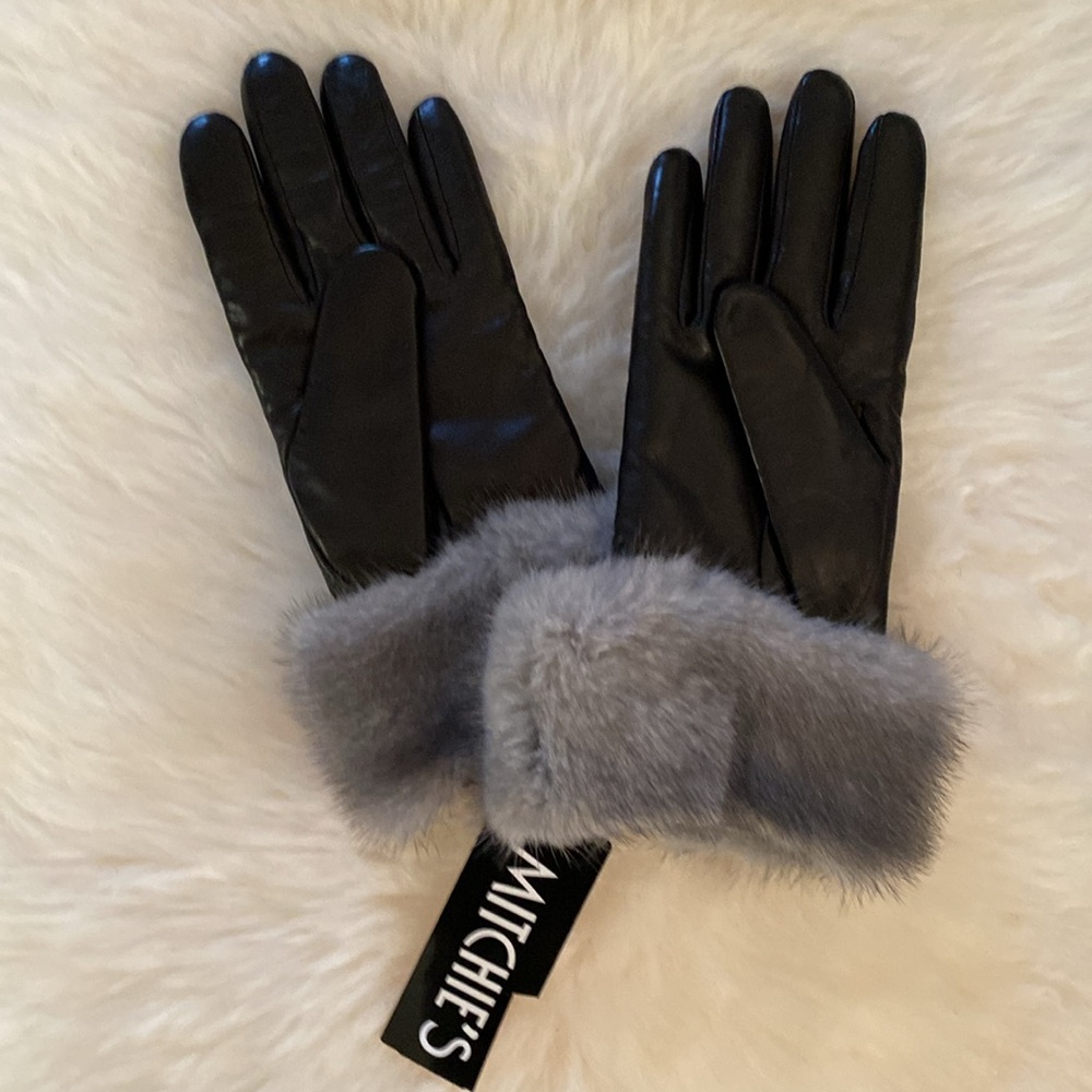 $275 Mitchie's  Black Leather Gloves & Wool Lining & Grey Mink Cuff NWT - Picture 4 of 10